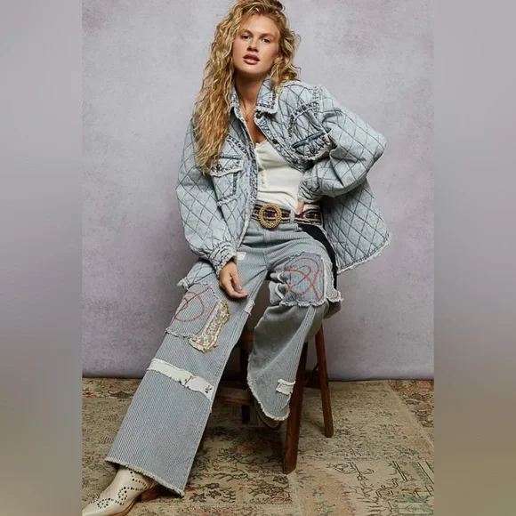 NEW Pol “Rochester” Dust & Denim Quilted Lace Panel Shacket / Jacket Stud Detail - Picture 6 of 7